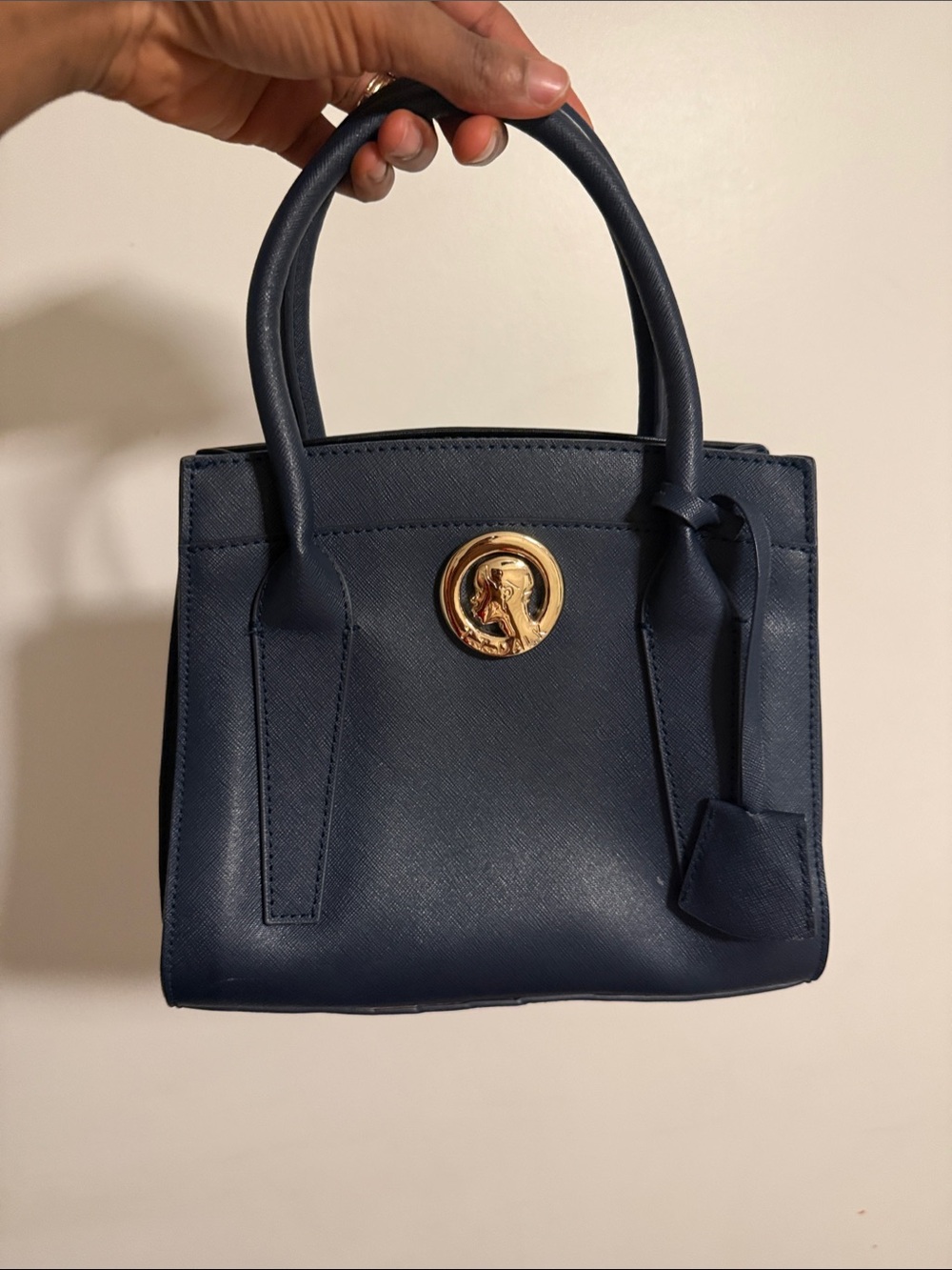 Navy Saffiano Leather Tote with Gold Emblem by TT Dalk